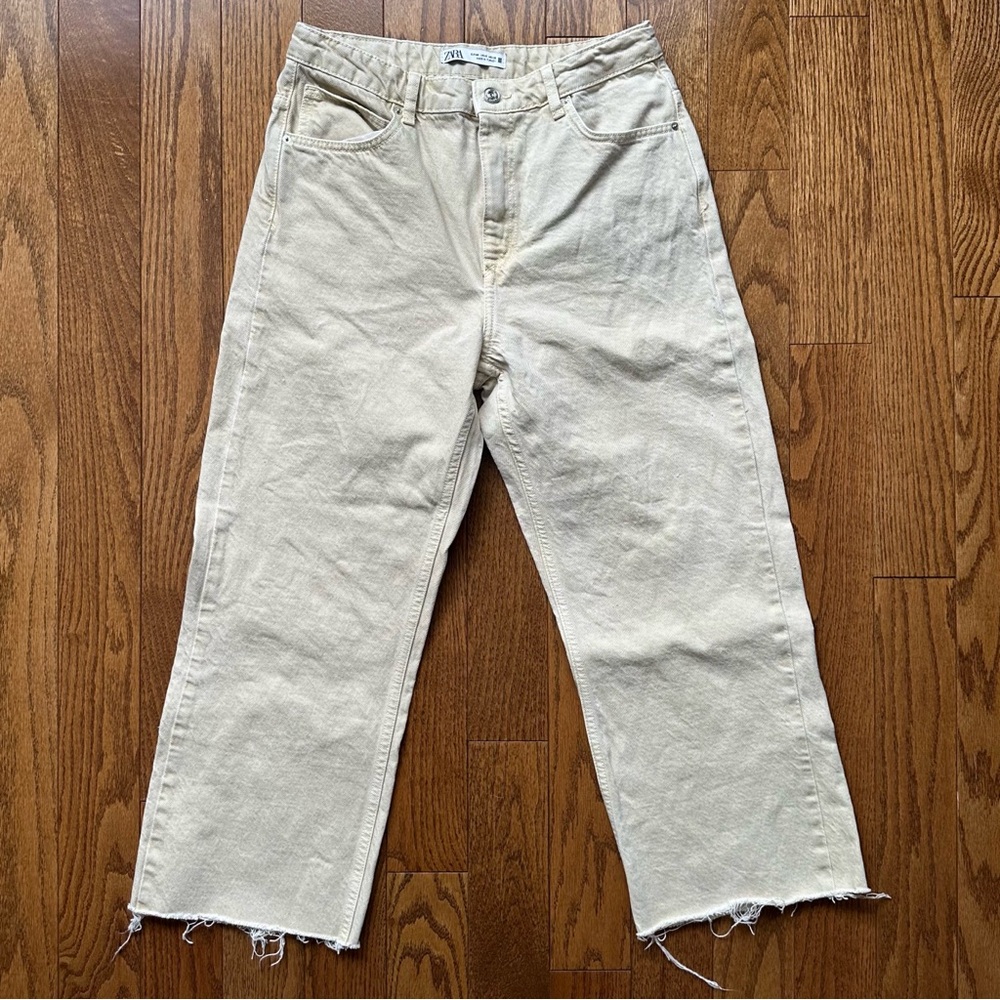 Zara Cream Beige Wide Leg High Rise Cropped Jeans 8